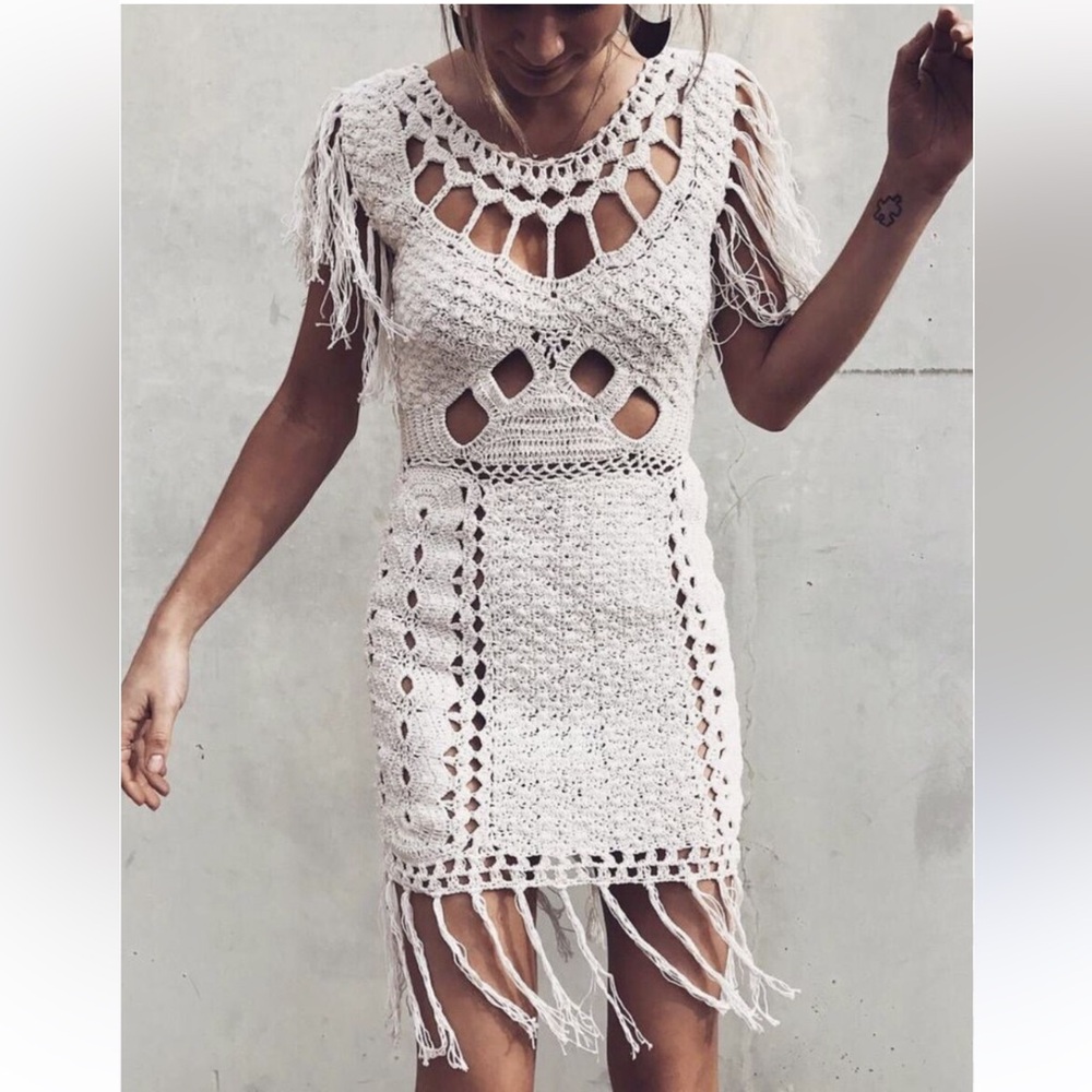 Cleobella Crocheted Fringe Amei Mini Dress Cream Ivory XS